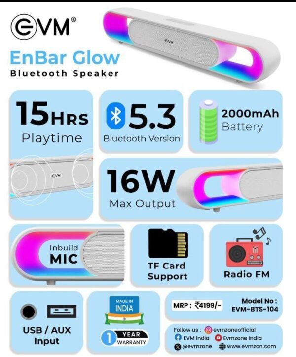 EVM EnBar Glow Portable Bluetooth Speaker Soundbar with RGB Lights Sound Bar - Image 2
